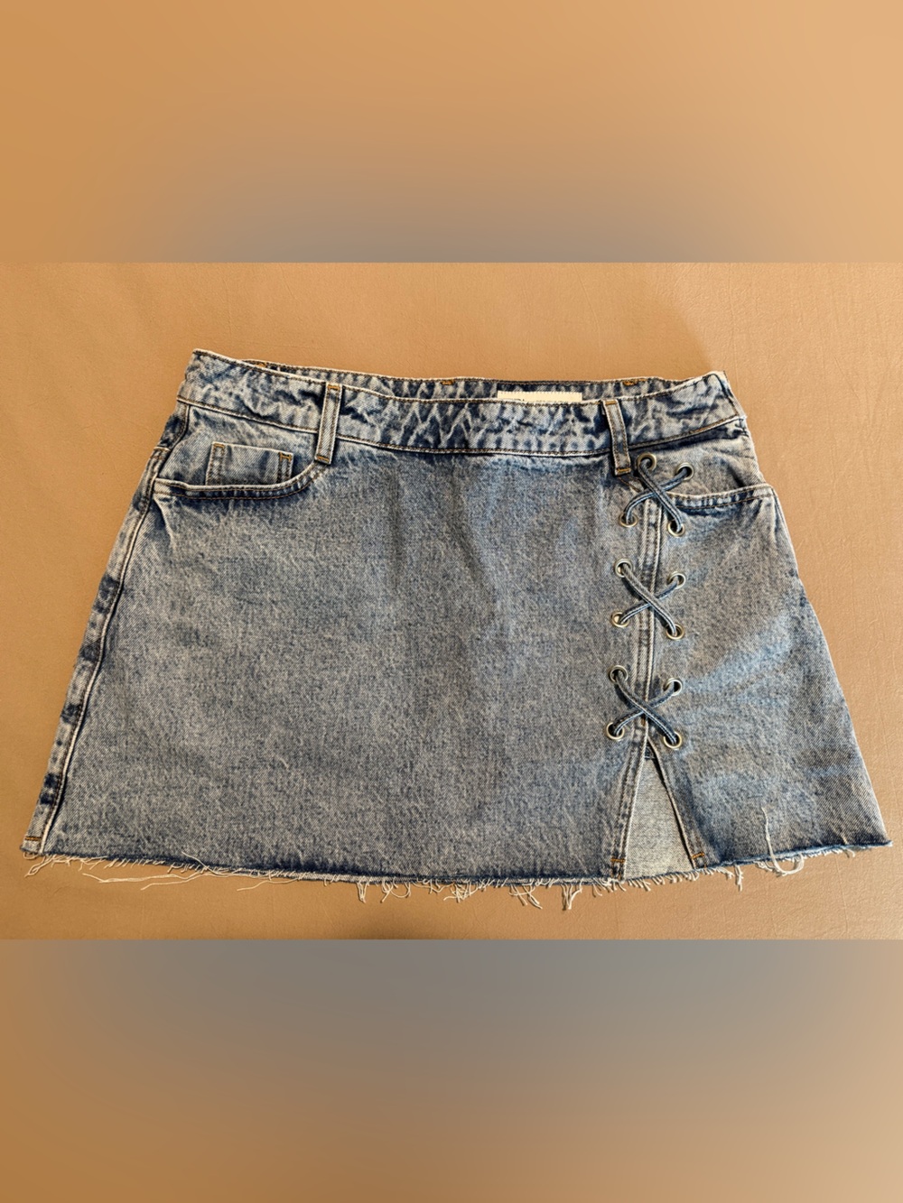 Zara Light Blue Denim Mini Skirt with Lace-Up Side (Never Worn)